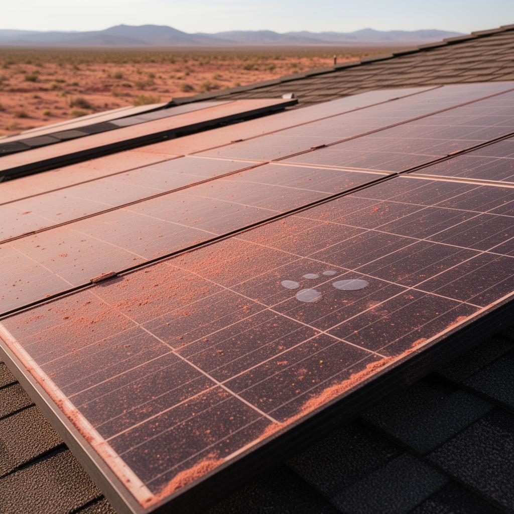 Solar panels covered in New Mexico red dust before cleaning