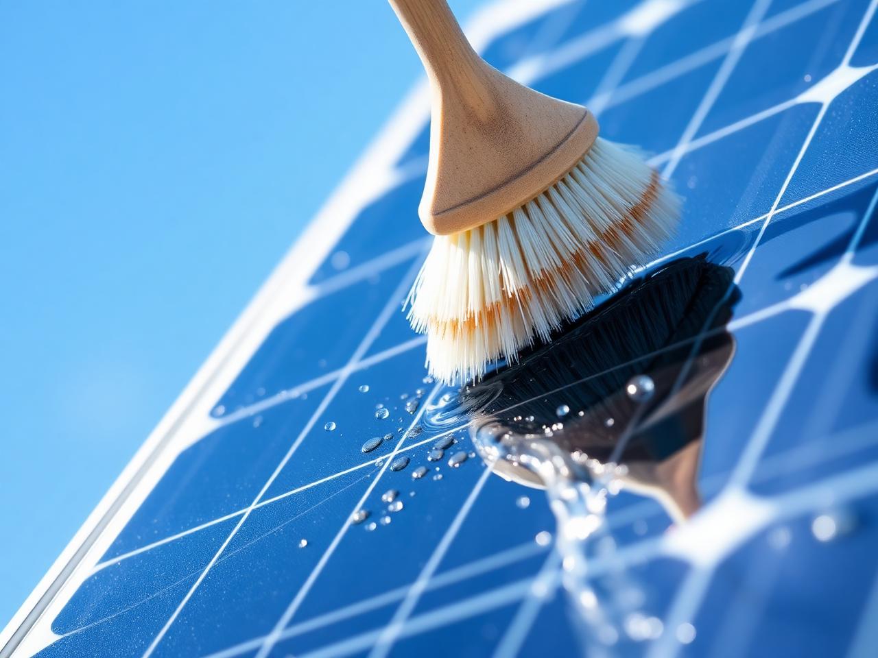 Technician cleaning a residential solar panel array with a water-fed pole
